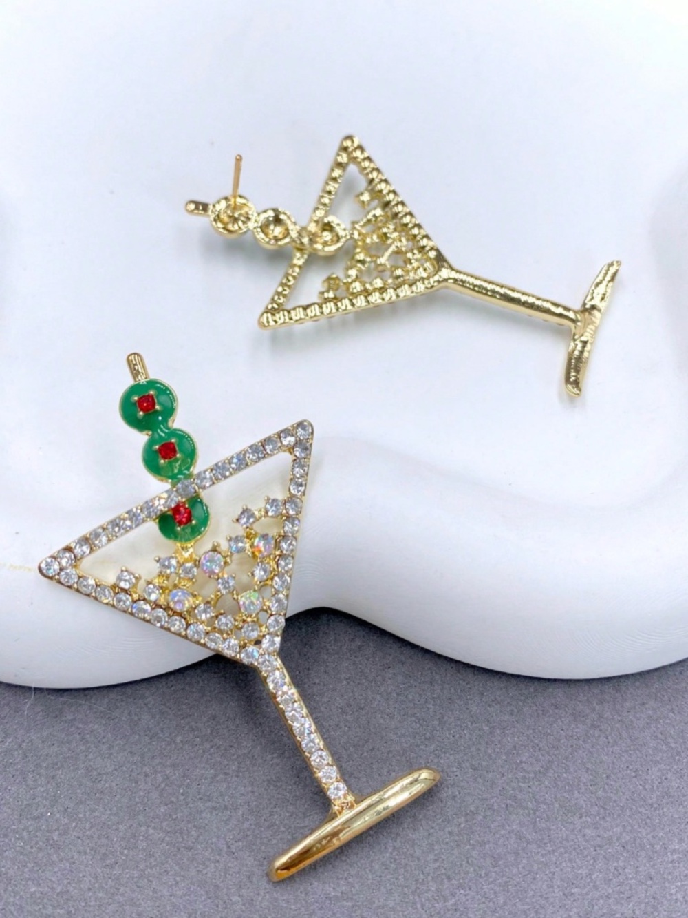 Crystal Martini Glass Statement Earrings Cocktail Olive Rhinestone Gold NWOT